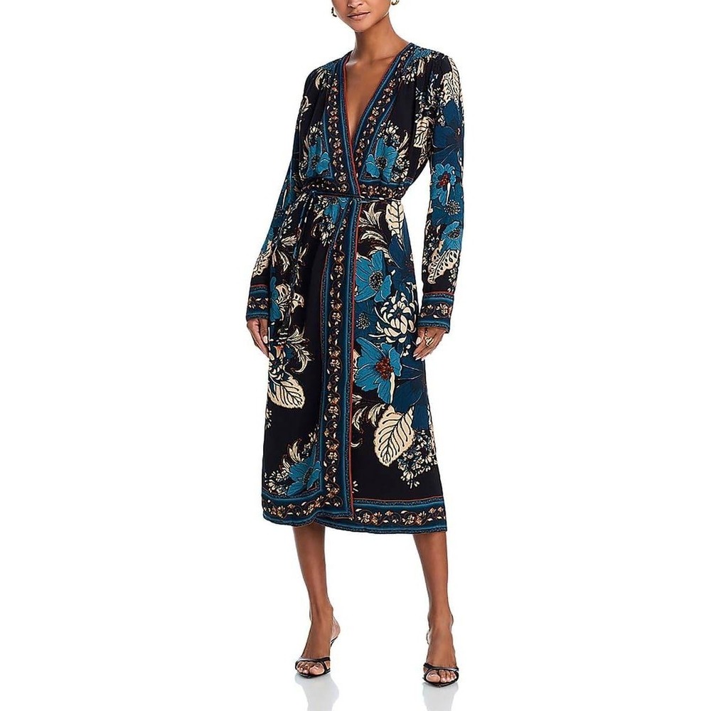 Farm Rio Black Blue Floral Midi Wrap Dress Long Sleeve V-Neck Teal Cream XS NWT